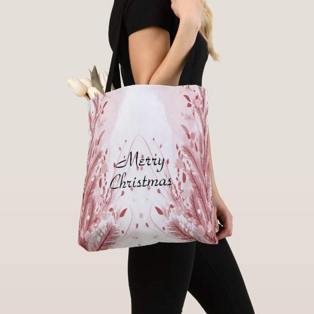 Red Christmas Pine Tree Snow Decoration Beautiful Tote Bag (Close Up)
