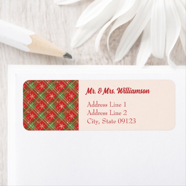 Red Christmas Plaid Gold Snowflakes Return Address (Insitu)