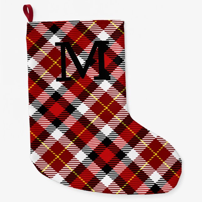 Red Christmas Plaid INITIAL Festive Holiday Large Christmas Stocking (Front)