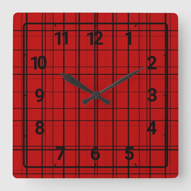 Red Christmas plaid pattern Square Wall Clock (Front)