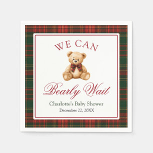 Red Christmas Plaid Winter Teddy Bear Baby Shower Napkin