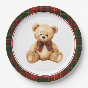 Red Christmas Plaid Winter Teddy Bear Baby Shower Paper Plate