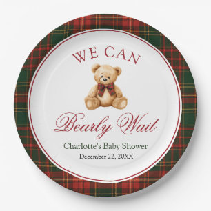 Red Christmas Plaid Winter Teddy Bear Baby Shower Paper Plate