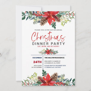 Red Christmas Poinsettia and Wnter Foliage Invitation