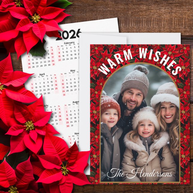 Red Christmas Poinsettia Custom Photo Calendar Holiday Card (Creator Uploaded)