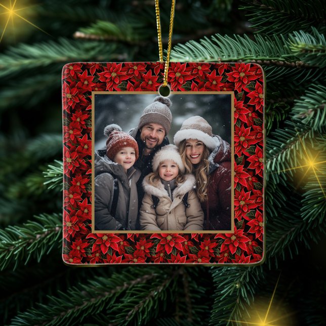 Red Christmas Poinsettia Custom Photo  Ceramic Ornament (Creator Uploaded)