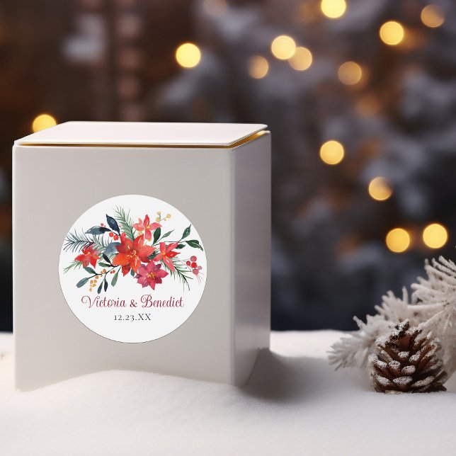 Red Christmas Poinsettia Elegant Floral Wedding Classic Round Sticker (Creator Uploaded)