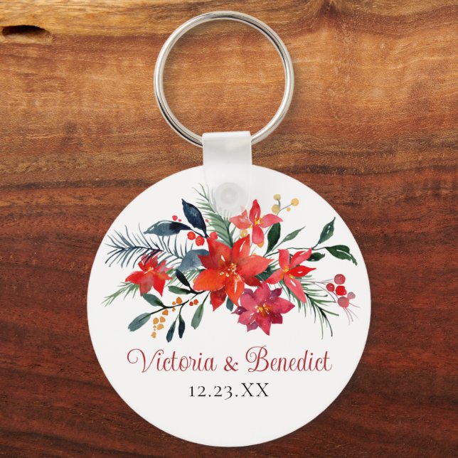 Red Christmas Poinsettia Elegant Floral Wedding Key Ring (Front)