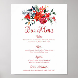 Red Christmas Poinsettia Floral Wedding Bar Menu Poster