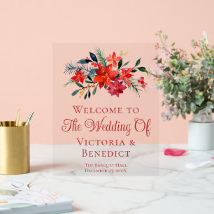Red Christmas Poinsettia Floral Wedding Welcome Acrylic Sign