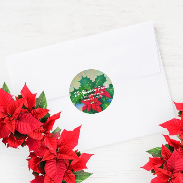 Red Christmas Poinsettia Flowers Address  Classic Round Sticker (Creator Uploaded)