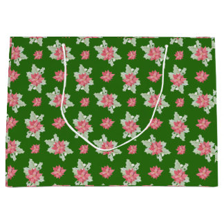 Red Christmas Poinsettia Flowers Green Wrapping  Large Gift Bag