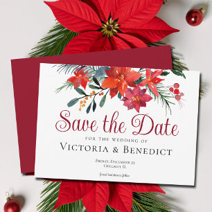 Red Christmas Poinsettia Holiday Save the Date Invitation