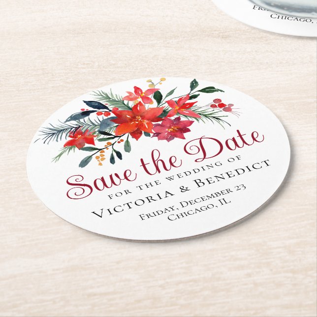 Red Christmas Poinsettia Holiday Save the Date Round Paper Coaster (Angled)