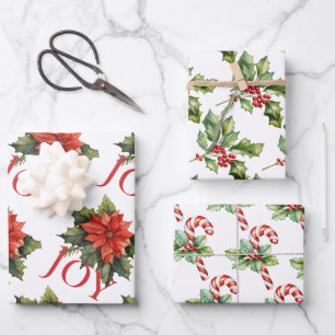 RED CHRISTMAS POINSETTIA, HOLLY, CANDY CANE WRAPPING PAPER SHEET