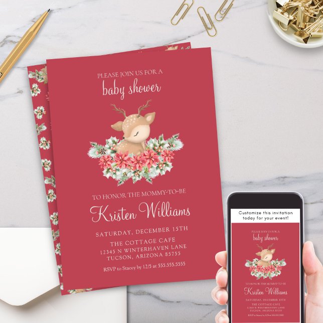 Red Christmas Poinsettia Little Deer Baby Shower Invitation (Red Christmas Poinsettia Theme Little Deer Baby Shower Invitation with Winter Floral Design)
