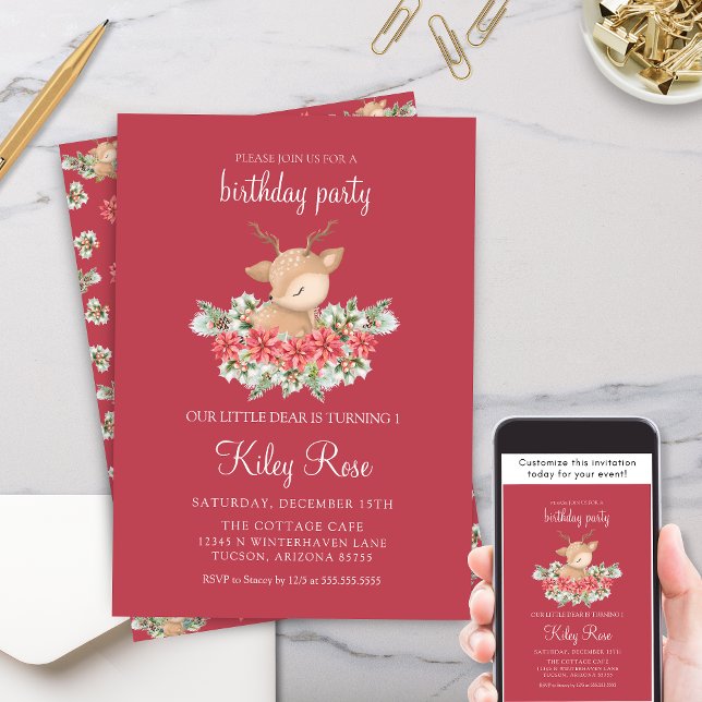 Red Christmas Poinsettia Little Deer Birthday Invitation (Red Little Deer Poinsettia Themed Birthday Party Invitaiton for Winter Wonderland Birthday Party)