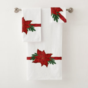 Red Christmas Poinsettia On White Bath Towel Set