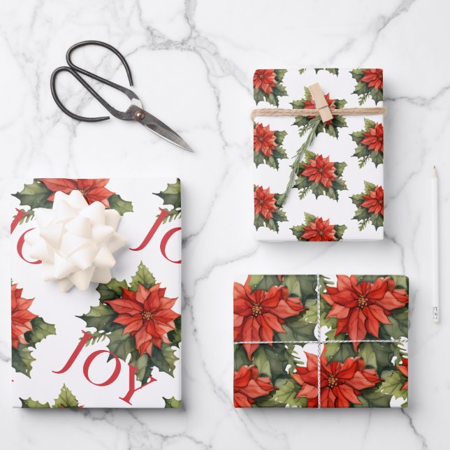  RED CHRISTMAS POINSETTIA PATTERNS COORDINATED WRAPPING PAPER SHEET (Front)