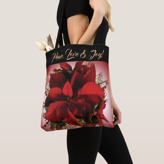 Red Christmas Poinsettia Tote Bag (Close Up)