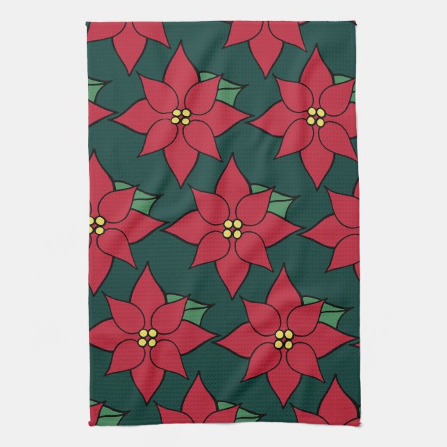 Red Christmas Poinsettias Kitchen Towel  (Vertical)