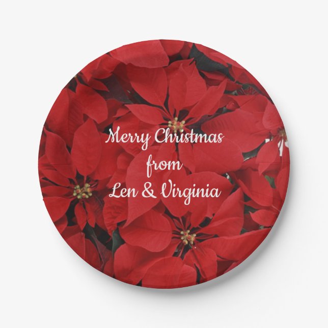 Red Christmas Poinsettias, Merry Christmas Paper Plate (Front)