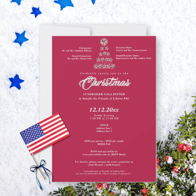 Red Christmas Political Fundraiser Gala Dinner Invitation (Red Christmas political fundraiser gala invitation on snowy background with star tree)
