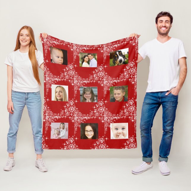 Red, Christmas, Pretty Snowflakes, Custom Photo Fleece Blanket (In Situ)
