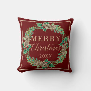 Red Christmas Proposal Wreath Holly Leaf Greenery Cushion