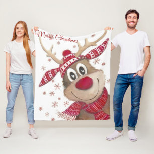 Red Christmas Reindeer and Snowflakes Seamless Pat Fleece Blanket