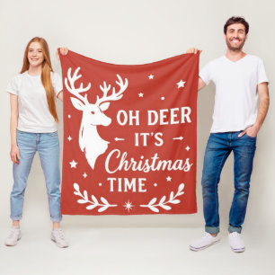 Red Christmas Reindeer and Snowflakes Seamless Pat Fleece Blanket