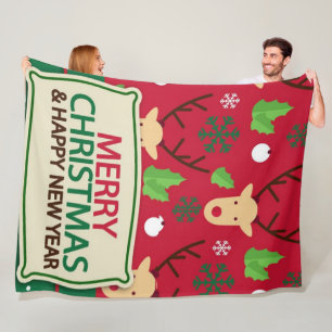 Red Christmas Reindeer and Snowflakes Seamless Pat Fleece Blanket