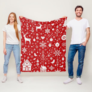Red Christmas Reindeer and Snowflakes Seamless Pat Fleece Blanket