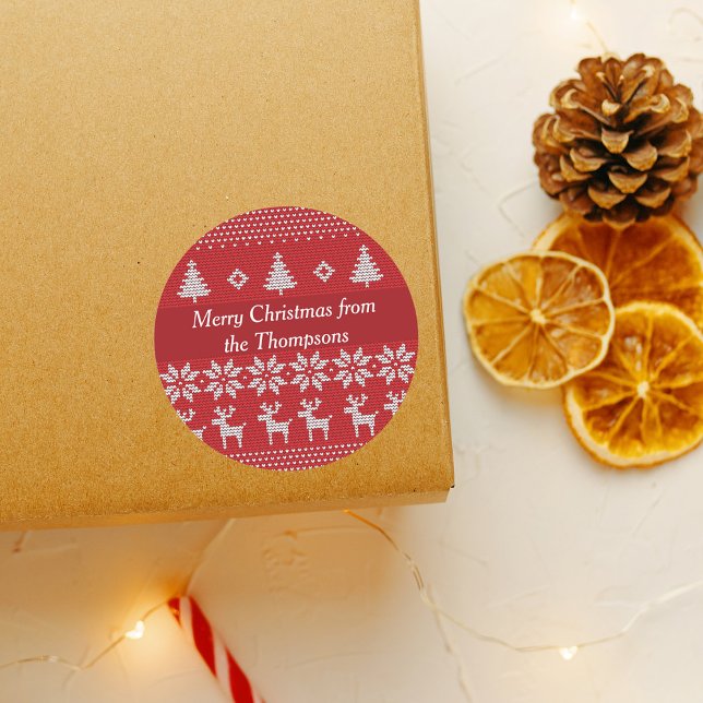 Red Christmas Reindeer Custom Holiday Party Classic Round Sticker (Creator Uploaded)