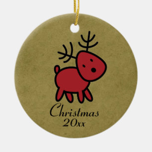 Red Christmas Reindeer Illustration Ceramic Tree Decoration