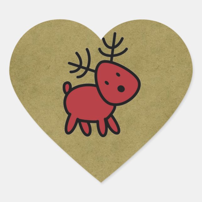 Red Christmas Reindeer Illustration Heart Sticker (Front)