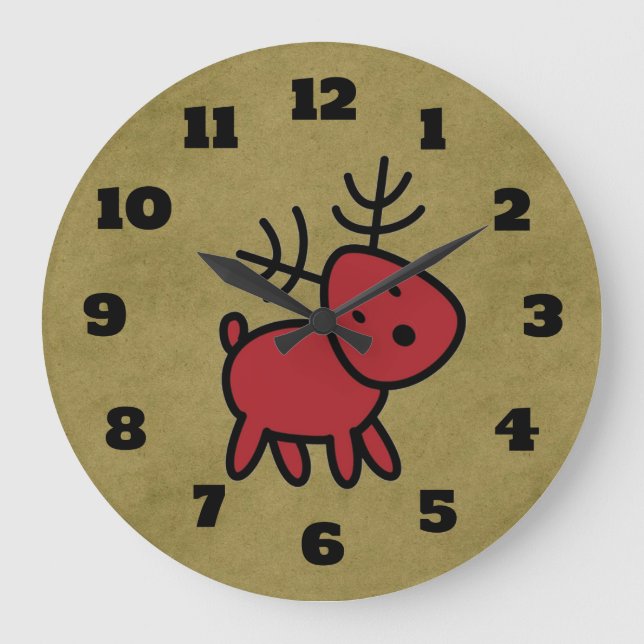 Red Christmas Reindeer Illustration Large Clock (Front)