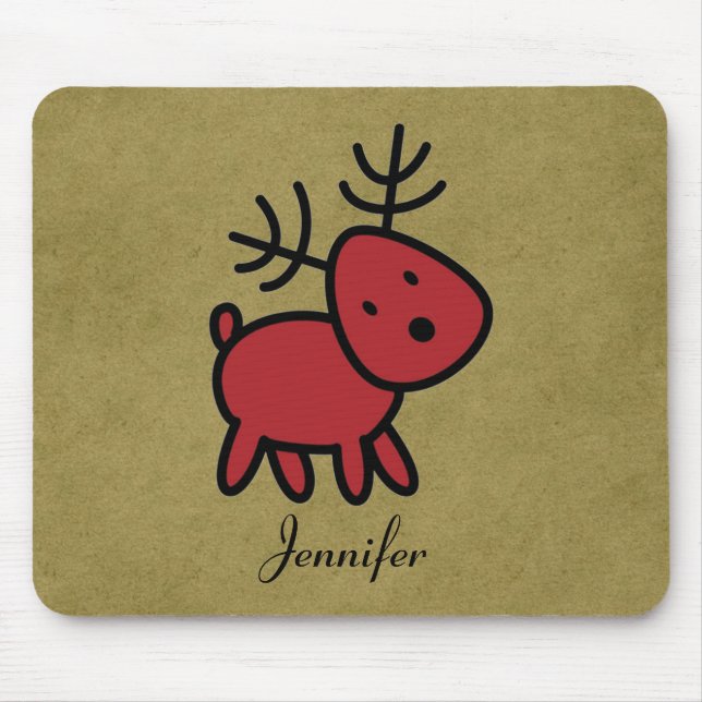 Red Christmas Reindeer Illustration Personalised Mouse Mat (Front)