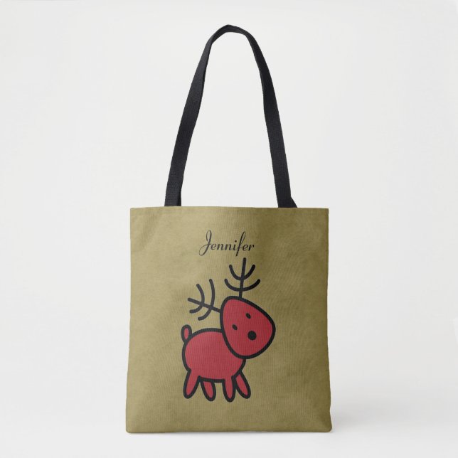 Red Christmas Reindeer Illustration Personalised Tote Bag (Front)