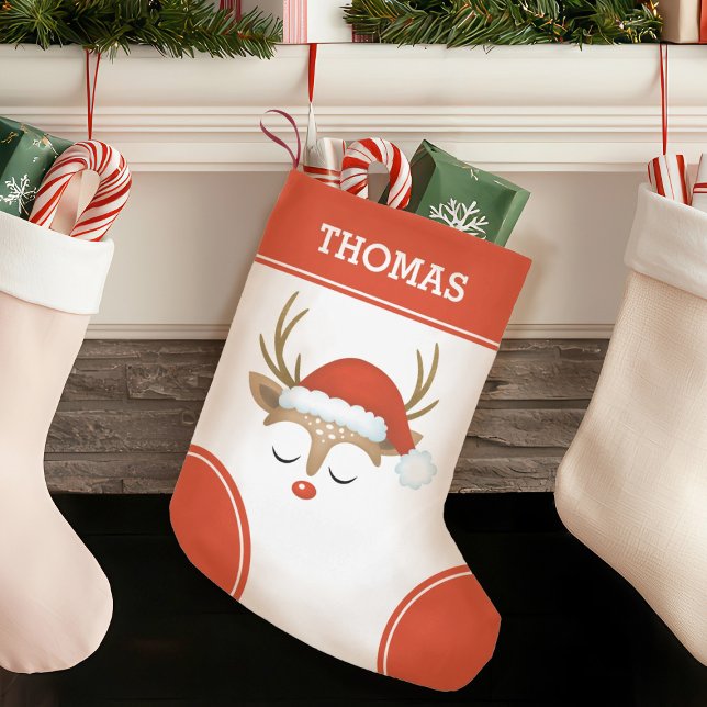 Red Christmas Reindeer Monogram Stocking (A cute Christmas reindeer decorates this Christmas stocking. Personalize it with your name.)