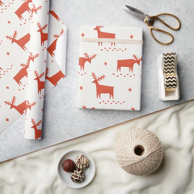 Red Christmas Reindeer | Nordic Woodland Animal  Wrapping Paper (Crafts)