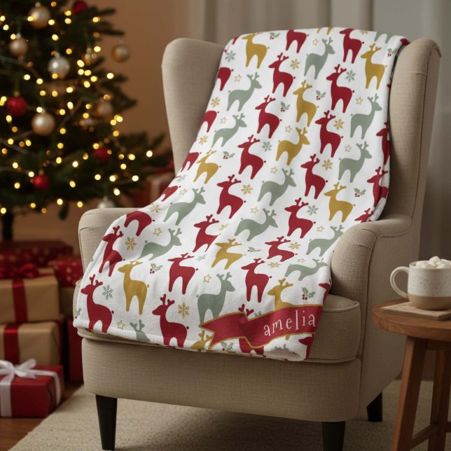 Red Christmas Reindeer Pattern#12 ID1009 Fleece Blanket (Creator Uploaded)