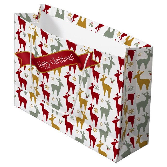 Red Christmas Reindeer Pattern#12 ID1009 Large Gift Bag (Front Angled)