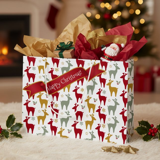 Red Christmas Reindeer Pattern#12 ID1009 Large Gift Bag (Creator Uploaded)