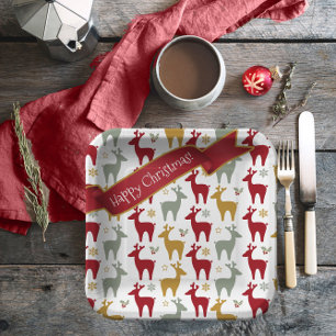Red Christmas Reindeer Pattern#12 ID1009 Paper Plate