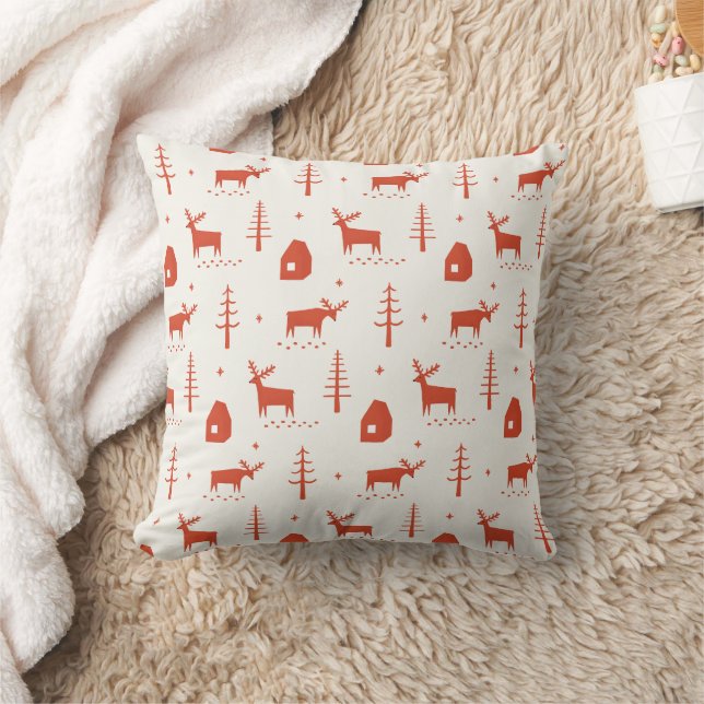 Red Christmas Reindeer | Rustic Woodland Cabin Cushion (Blanket)