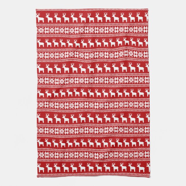 Red Christmas Reindeer Snowflake Classic Pattern Tea Towel (Vertical)
