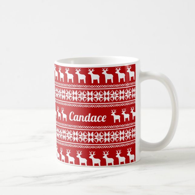 Red Christmas Reindeer Snowflake Pattern Monogram Coffee Mug (Right)