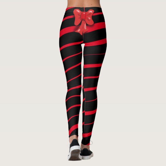 RED CHRISTMAS RIBBON AND BOW ON BLACK LEGGINGS (Back)