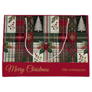 Red Christmas Rustic Plaid Traditional Pattern Large Gift Bag